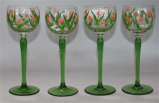 A set of four green and pink enamelled hock glasses, probably 1920s/30s height 20cm